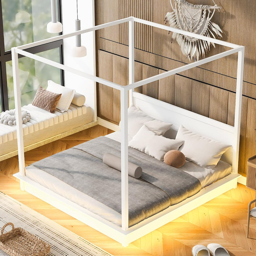 King Size Canopy Platform Bed with LED Lights and Headboard, Wooden 4-Post Canopy Bed Frame with Support Slats, No Box Spring Needed (King)