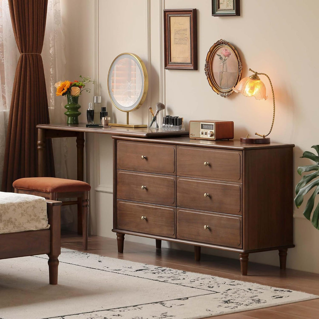 YESWOOD Large Vanity Desk with 6 Storage Dresser, North America Black Walnut Wood Adjustale Makeup Table for Girls, Vanity Set for Bedroom, Bathroom, 97' D x 16' W x 31' H（no Chair no Mirror）