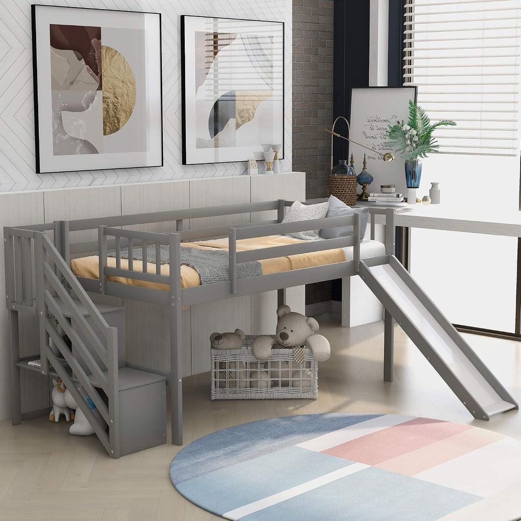 Twin Low Loft Bed with Adjustable Slide/Staircase/Storage Shelves for Kid/Boy/Girl/Teens, Full-Length Guardrails, Solid Wood, Space-Saving (Gray+Low Loft Bed)