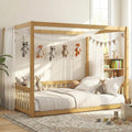 Canopy Bed Frame Full with 4 Posters and Guardrails, Rubber Wood Full Size Montessori Floor Bed with Canopy Frame, Safe and Stylish Canopy Bed Full for Kids Girls Boys,Natural