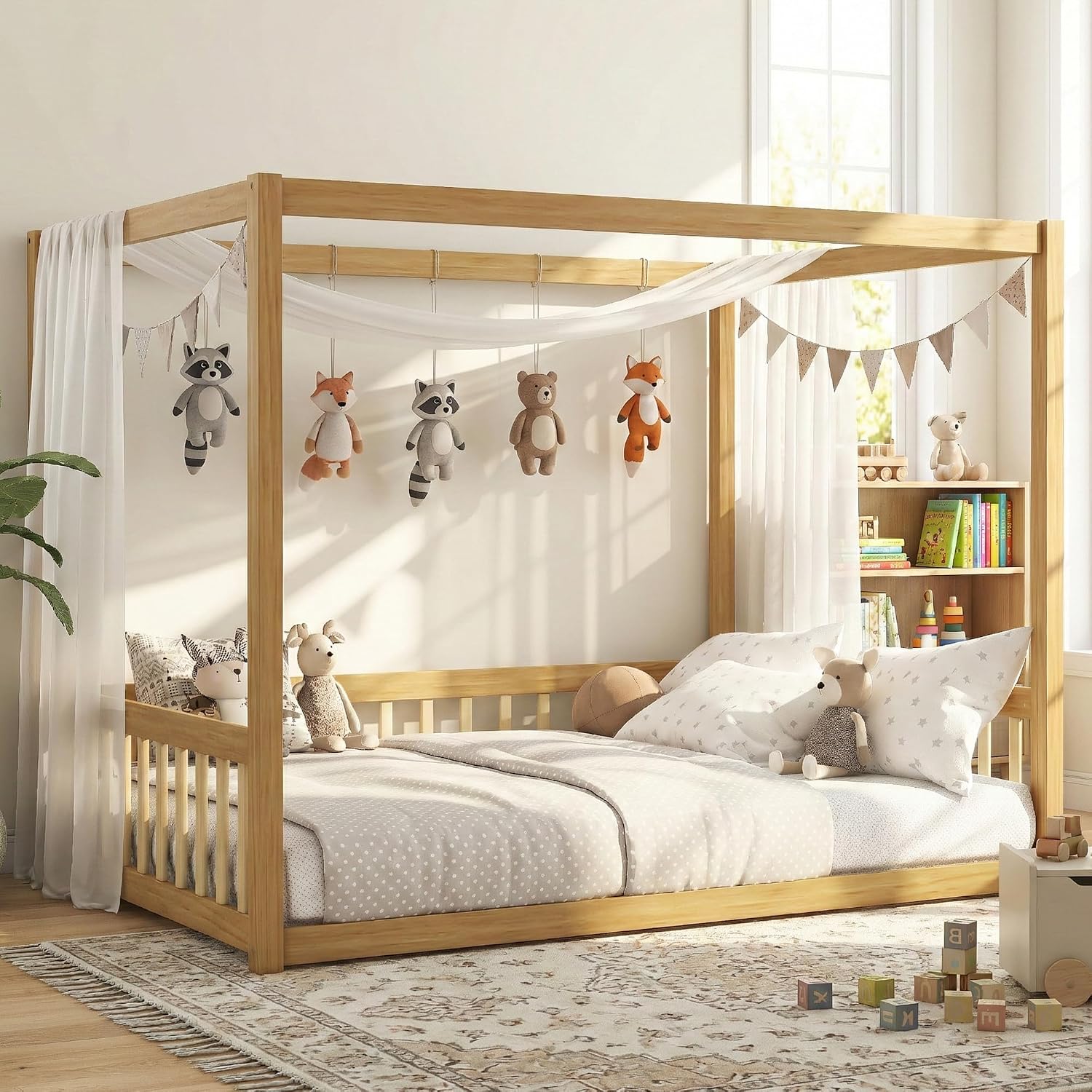 Canopy Bed Frame Full with 4 Posters and Guardrails, Rubber Wood Full Size Montessori Floor Bed with Canopy Frame, Safe and Stylish Canopy Bed Full for Kids Girls Boys,Natural