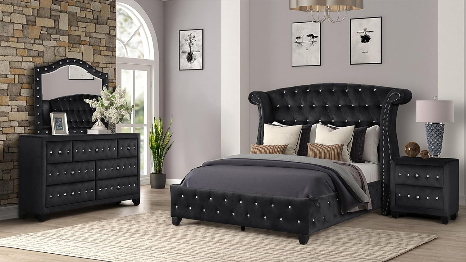 Full 4 Pc Upholstery Bedroom Set Made with Wood in Black