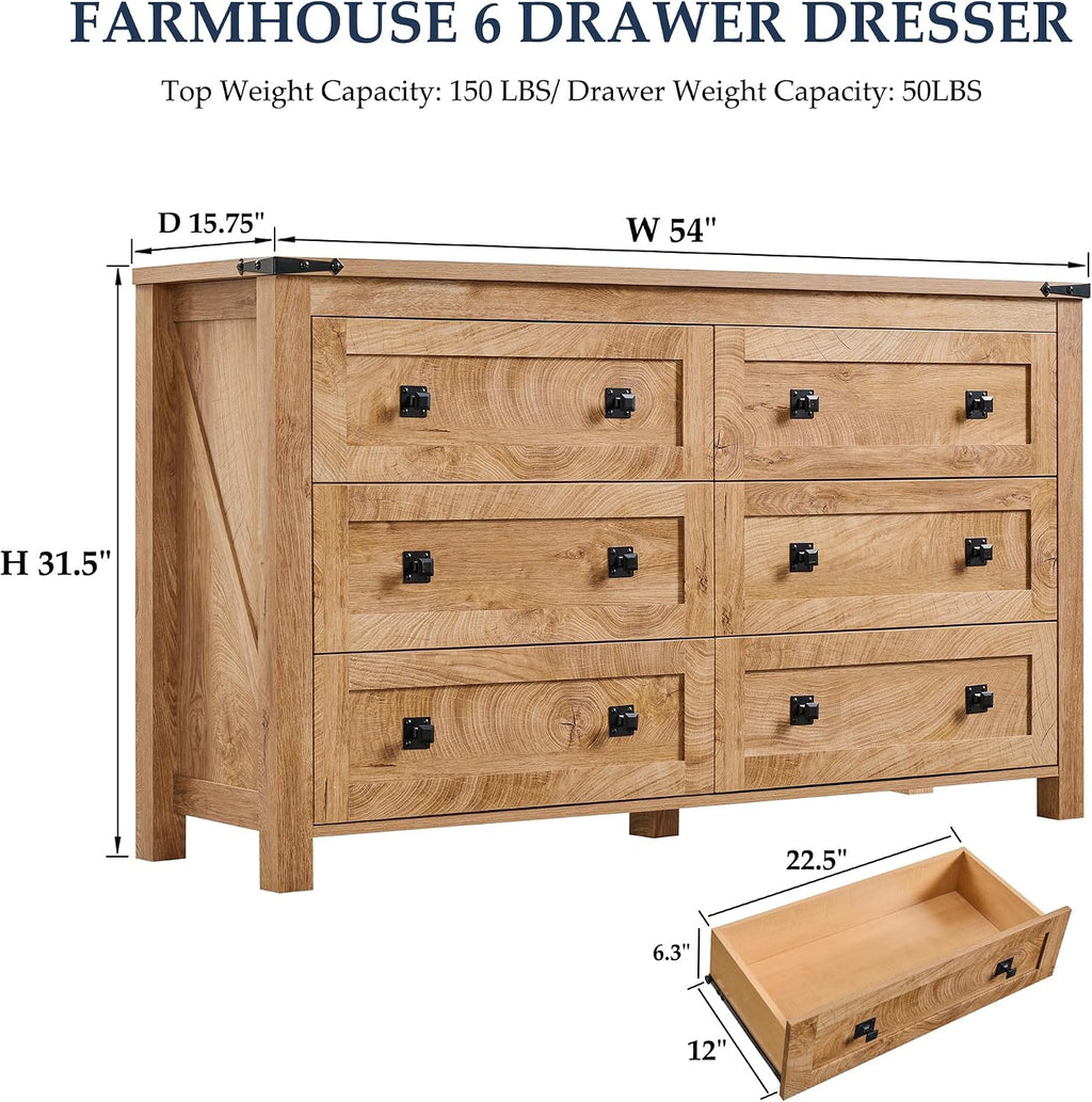 T4TREAM Farmhouse 6 Drawers Dresser for Bedroom, Wide 6 Chest of Drawers, Wood Rustic Double Dresser Organizer for Bedroom, Living Room, Hallway, Kids Room, Nursery Room, Light Knotty Oak