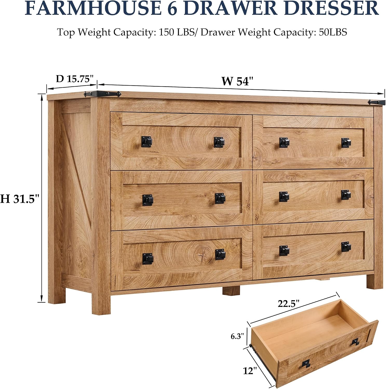 T4TREAM Farmhouse 6 Drawers Dresser for Bedroom, Wide 6 Chest of Drawers, Wood Rustic Double Dresser Organizer for Bedroom, Living Room, Hallway, Kids Room, Nursery Room, Light Knotty Oak