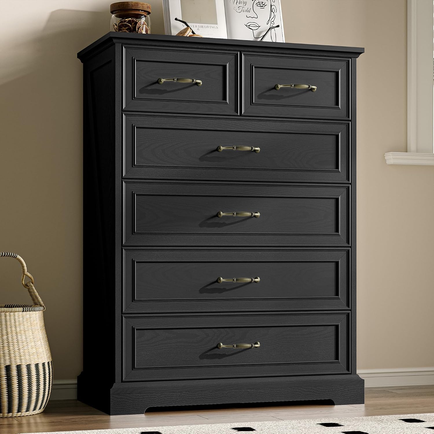 Farmhouse 6 Drawers Dresser for Bedroom, 43' Tall Wood Chest of Drawers with Deep Drawers & Bar Handles, Modern Dresser TV Stand, Rustic Wooden Closet Storage Organizer for Living Room, Hallway, Black