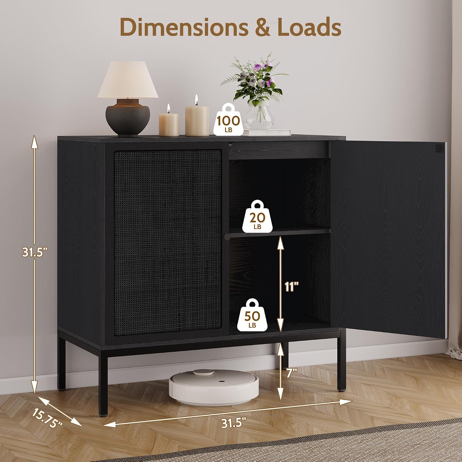 Yechen Full Black Rattan Cabient, Boho Sideboard Cabinet with Natural Rattan Decorated Doors, 31.5' W Accent Cane Credenza Buffet Console Storage, for Living Room Entryway Kitchen, Metal Legs/Set of 3