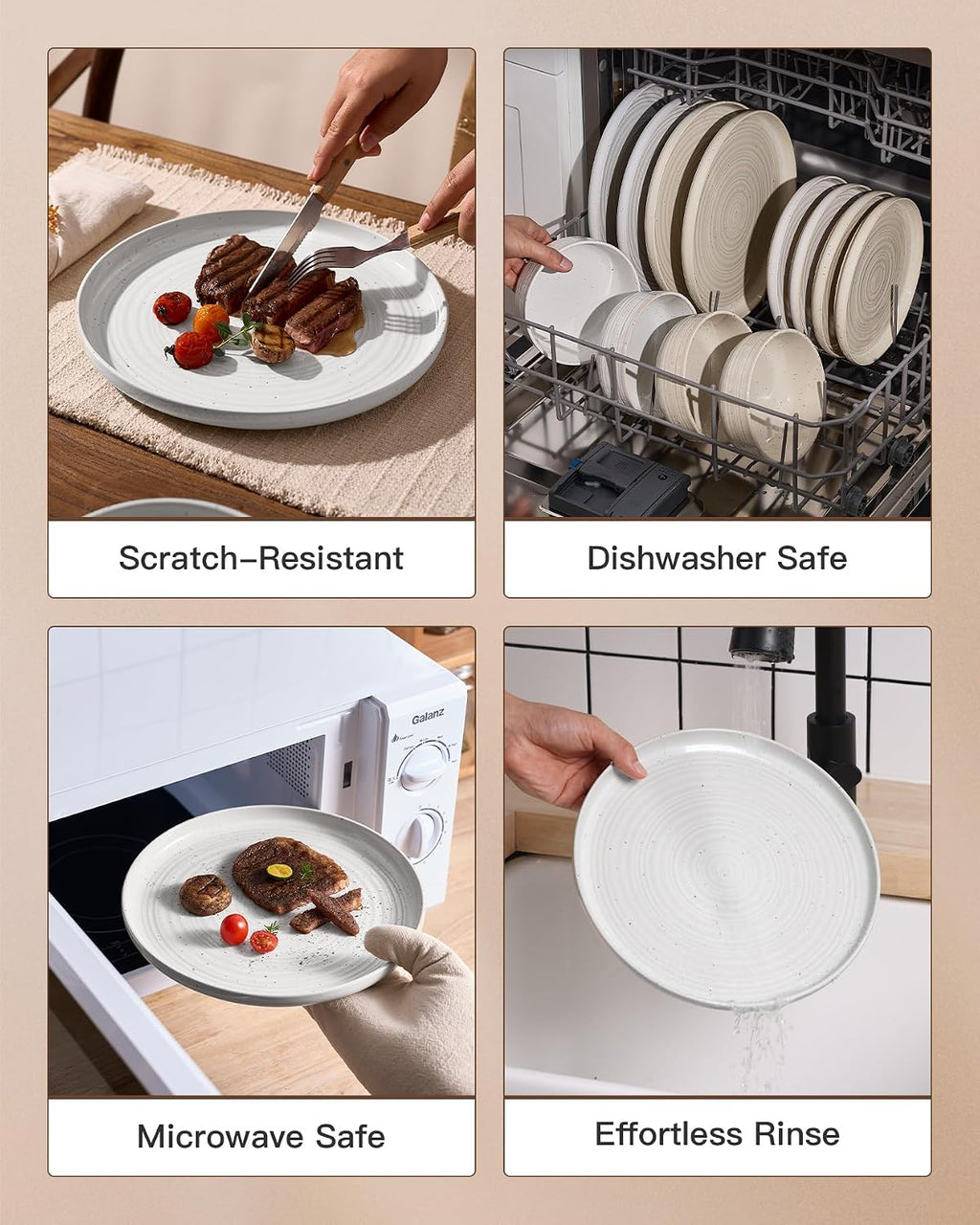 24-Piece Stoneware Dinnerware Set – Flared Plates and Bowls with Reactive Glaze, Speckles & Spirals, Chip & Scratch Resistant Dishes, Dishwasher Safe, Service for 8, Gift Box, White