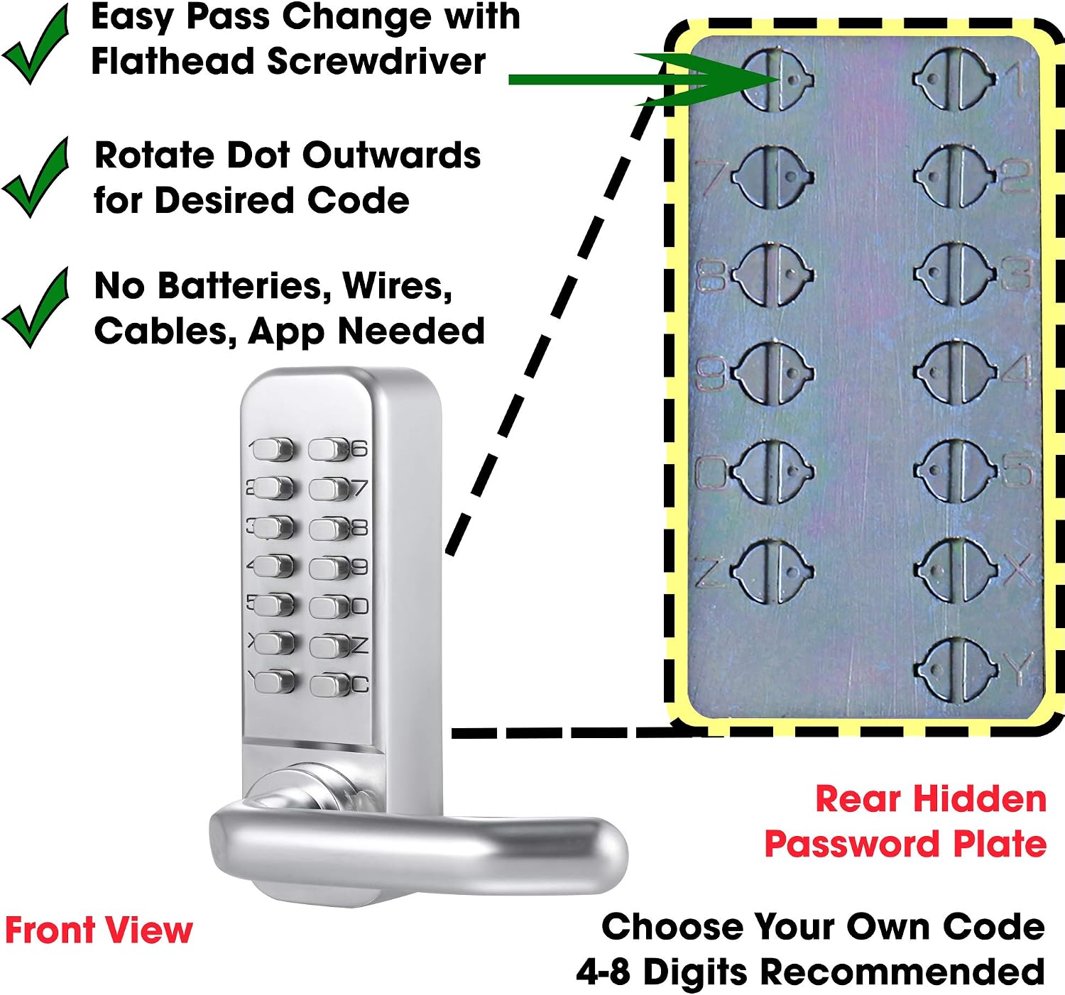 MX400 14 Digit Keypad Mechanical Door Lock Lever Set - 60mm Latch for Residential Gates or Doors - Fits Standard 2 1/8' USA Door Holes - Not a Deadbolt Satin Chrome
