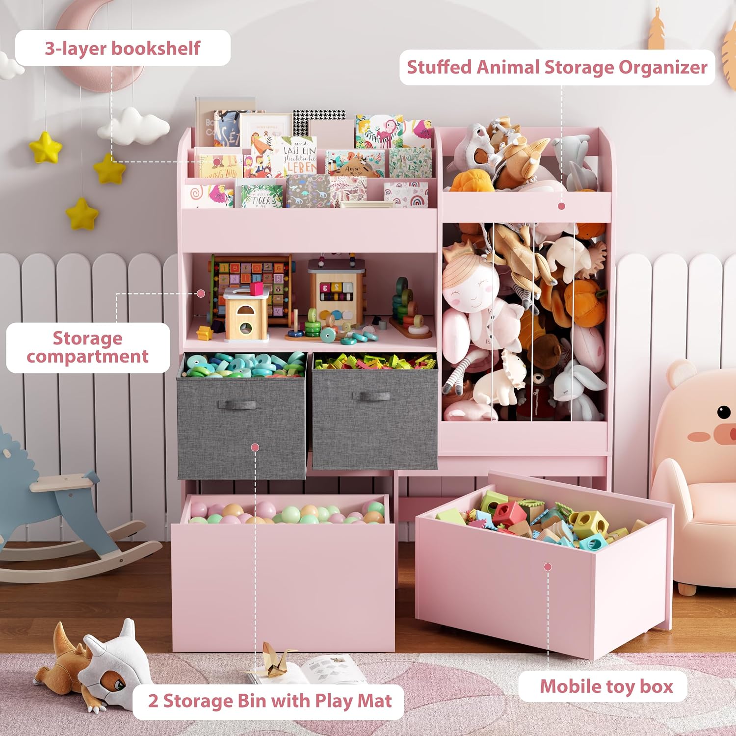 42.9'' Stuffed Animal Storage with Kids Bookshelf, Large Toy Storage with Toy Chest and Play Mat, Wooden Organization with 2 Movable Drawers, 3 Tier Bookshelf for Nursery Kids Room Playroom,Pink