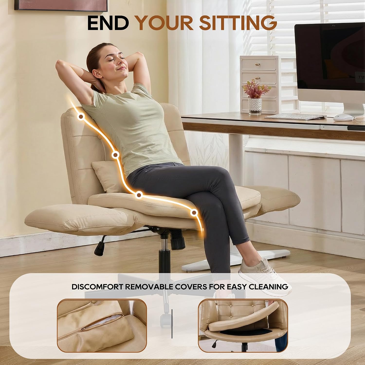 Criss Cross Chair with Wheels & Outward-Folding Armrests, Cross Legged Office Chair with Storage Pockets, Comfortable Adjustable Swivel Vanity Chair for Home, Living Room, Bedroom (Beige,Set of 2)