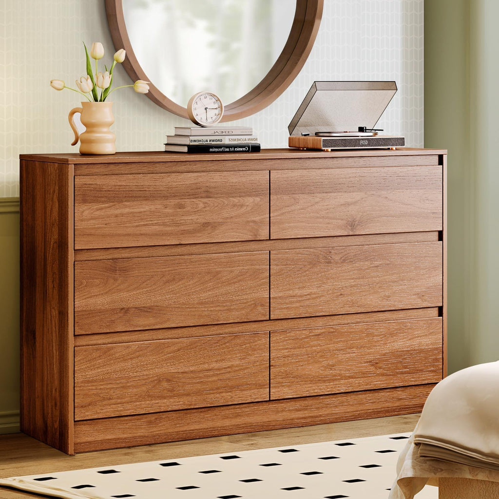 Chrangmay 6 Drawer Dresser,47' Wide Mid Century Chest of Drawers,Wooden Bedroom Drawer Dresser with 6 Storage Drawers for Bedroom,Living Room,with Anti-Tipping Device, Brown