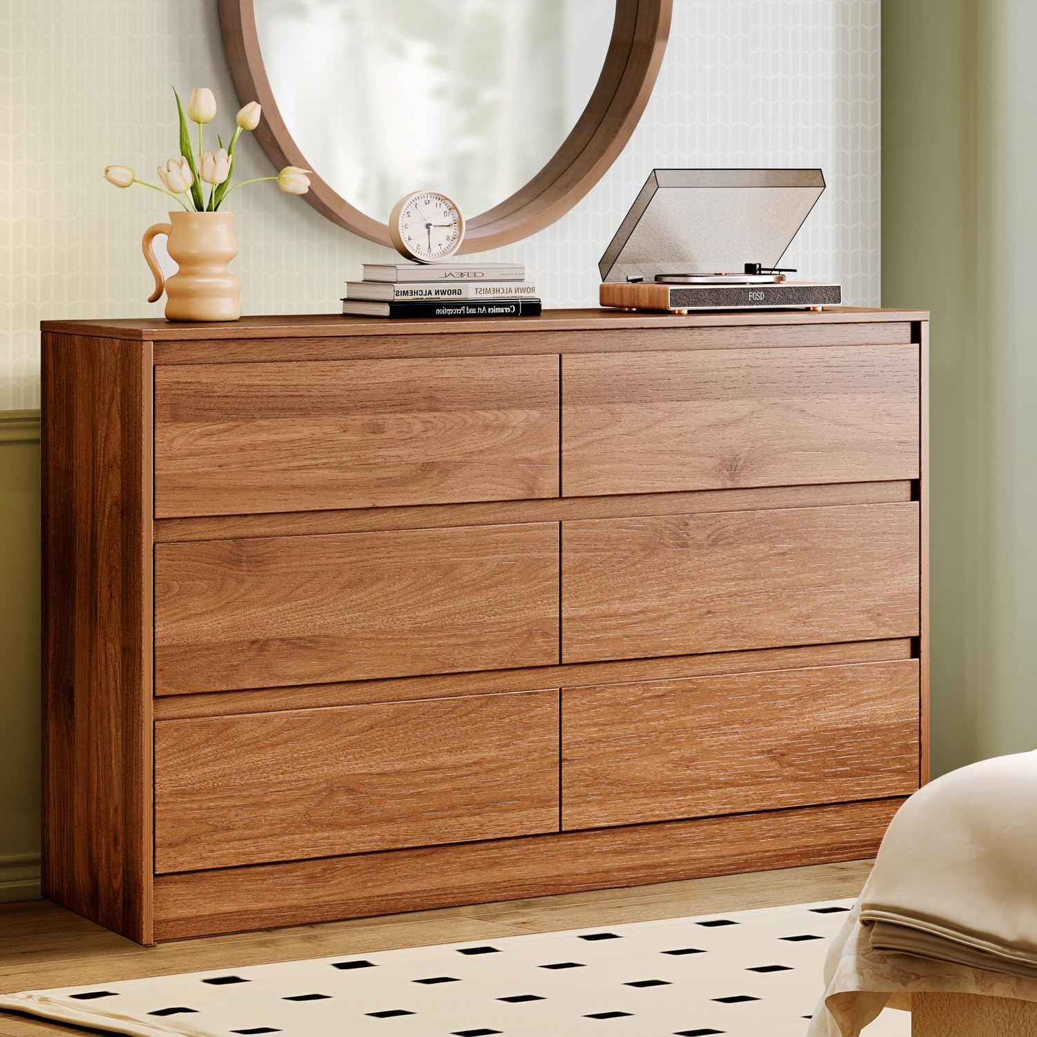 Chrangmay 6 Drawer Dresser,47' Wide Mid Century Chest of Drawers,Wooden Bedroom Drawer Dresser with 6 Storage Drawers for Bedroom,Living Room,with Anti-Tipping Device, Brown