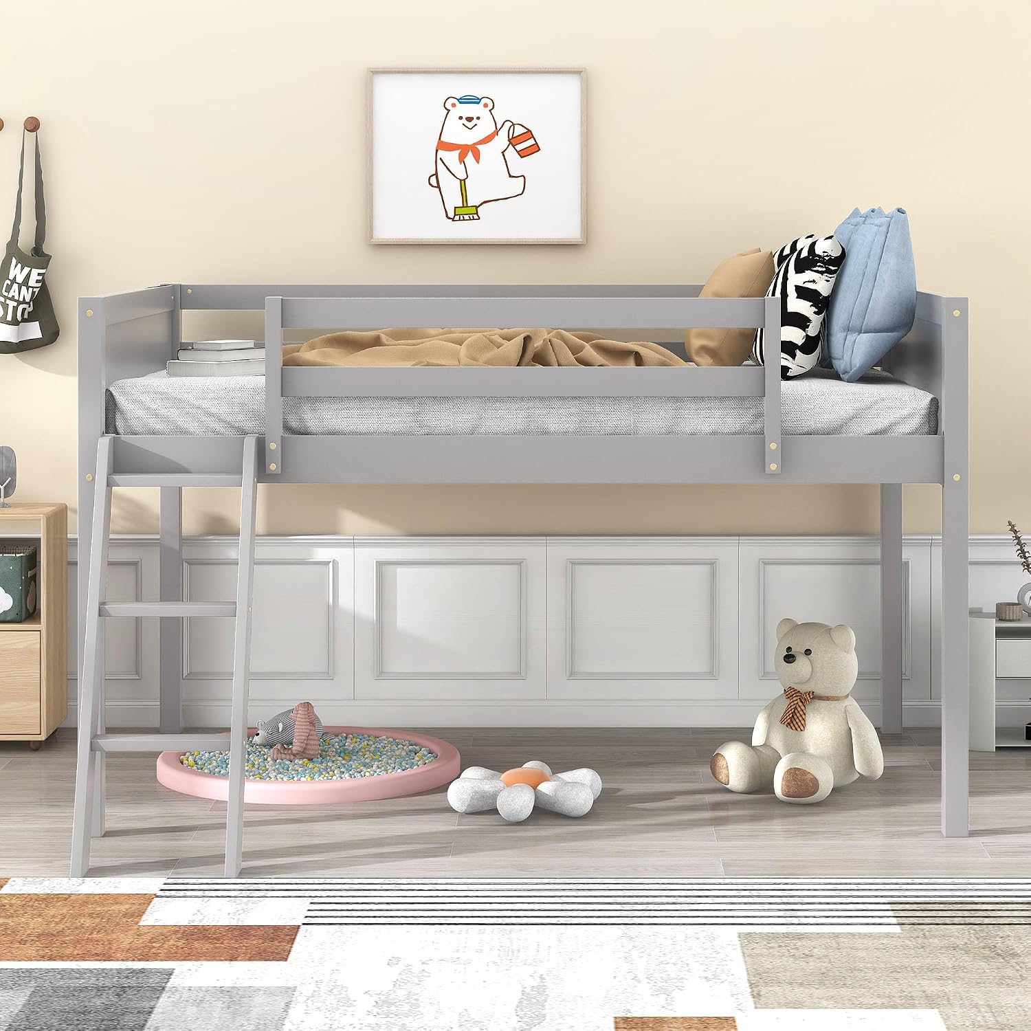 Twin Size Loft Bed, Wood Low Loft Bed with Convertible Ladder, Ladder can be Placed on the Left or Right, Safety Guardrails, Wood Slats Support, No Box Spring Required (Gray & Convertible Ladder)