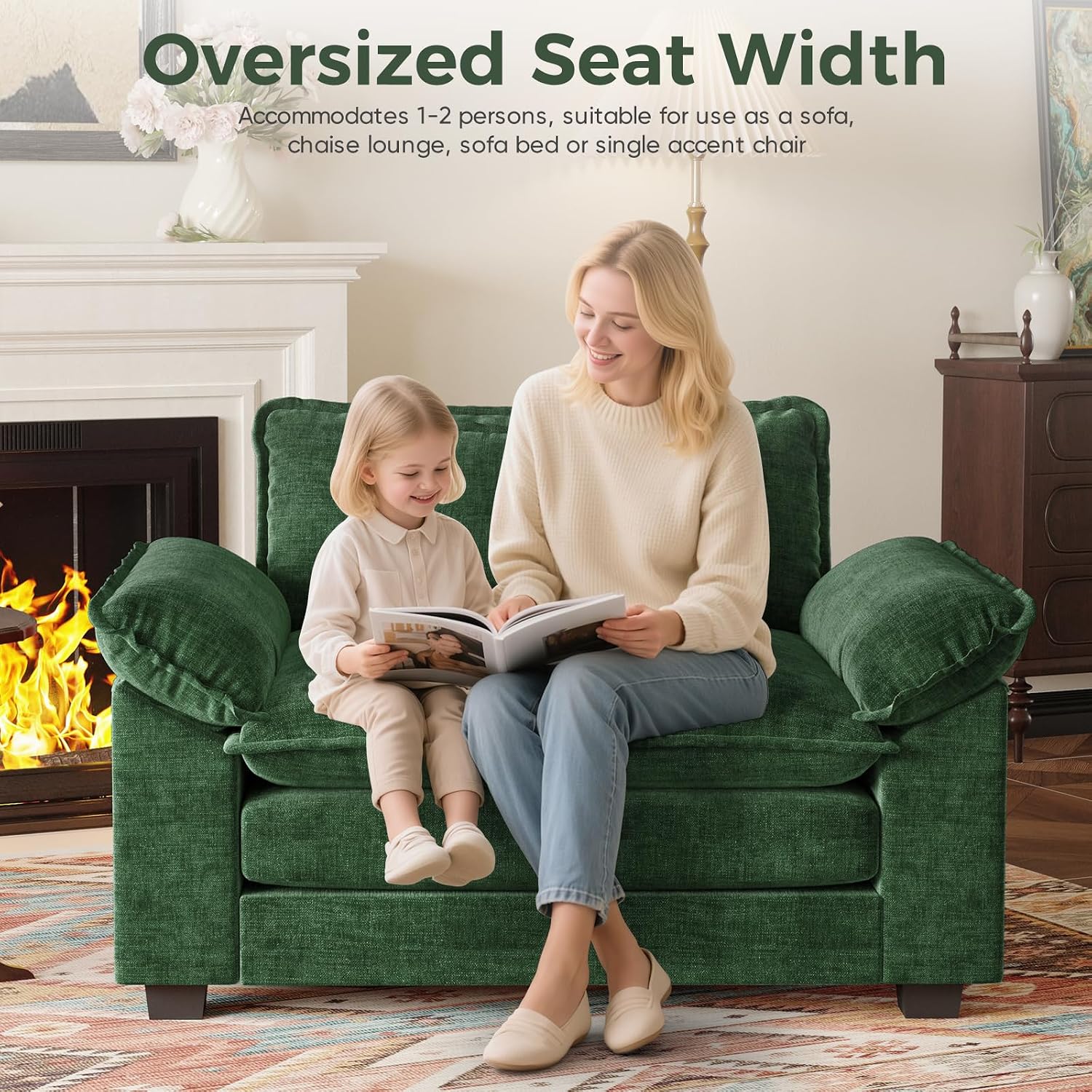 HUSFU 49.5'' W Oversized Accent Chair, Chenille Cloud Sofa Chair with Deep Seat and Extra Wide Armrests, Comfy Reading Armchair for Bedroom, Living Room, Set of 2, Green