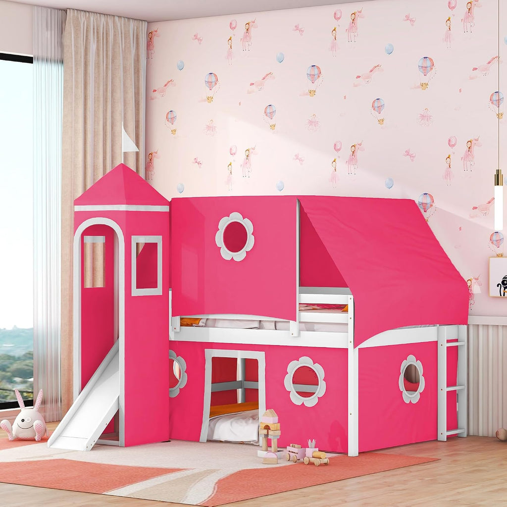 Pink Loft Bed with Slide and Play Tent Full Size Castle Themed Kids Bed with Tower Playhouse Design for Girls Bedroom Furniture