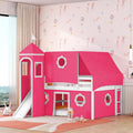 Pink Loft Bed with Slide and Play Tent Full Size Castle Themed Kids Bed with Tower Playhouse Design for Girls Bedroom Furniture