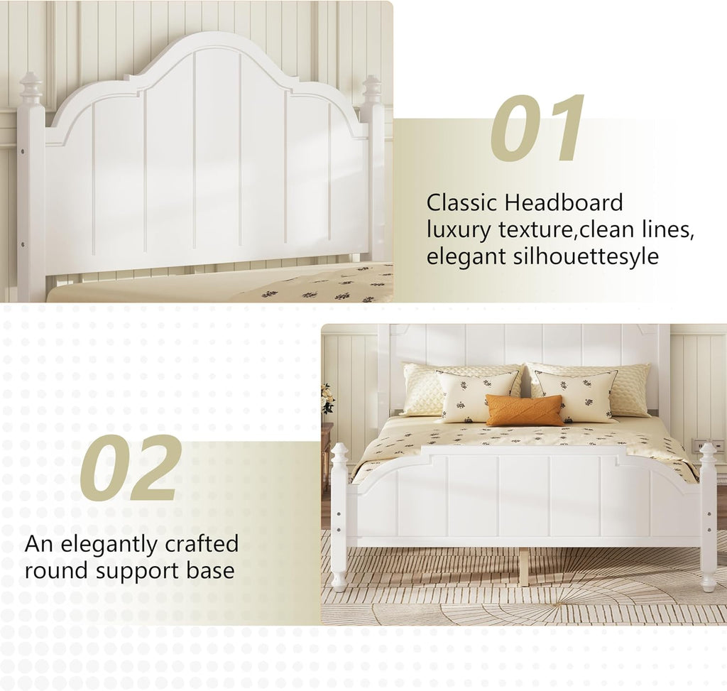JIVOIT Vintage Wooden Bed Frame, Queen Size Platform Bed with Wide Headboard, Wood Slats Support, No Spring Box Needed, Easy Assembly (White-Queen,2)