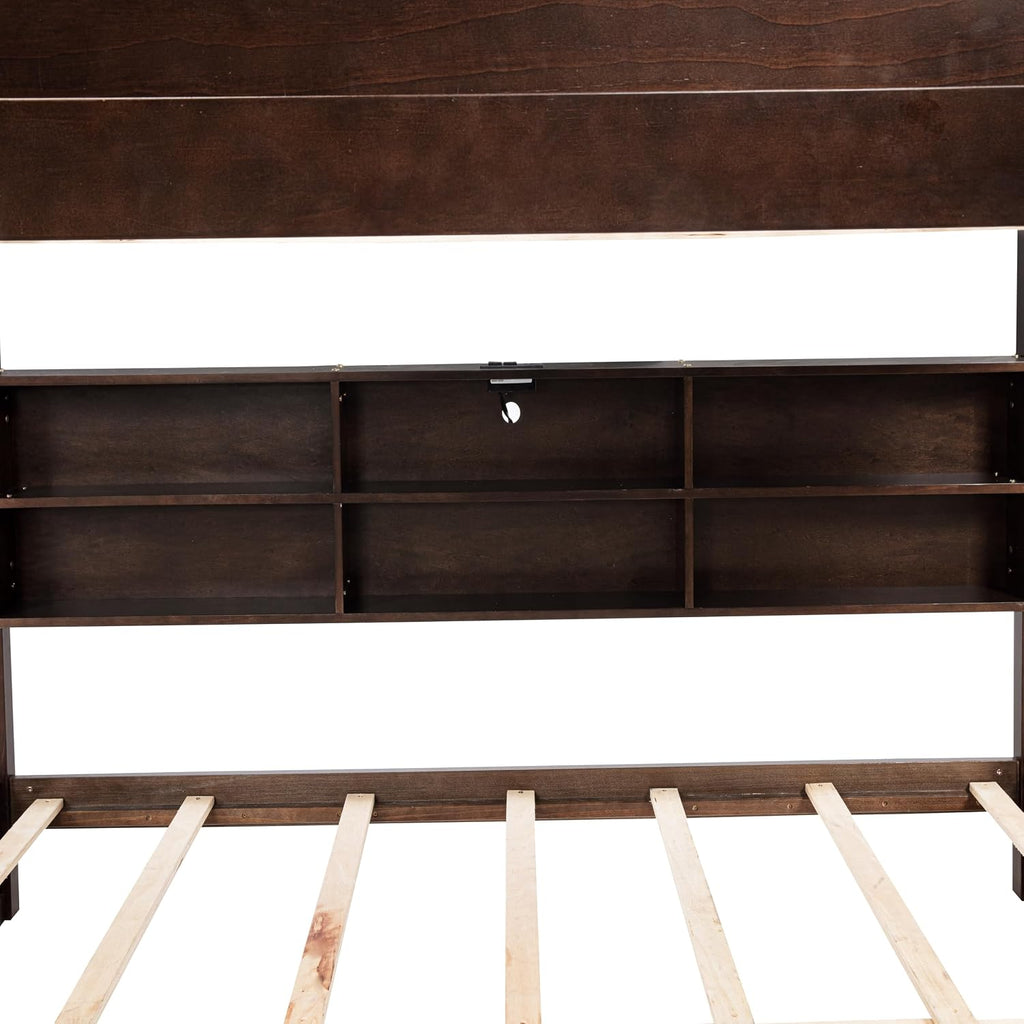 Queen Over Queen Bunk Bed with Built-in Storage Cabinets,Charging Station,Ladder,Safety Guardrails,Solid Pine Wood Bunk Bed for Kids Bedroom