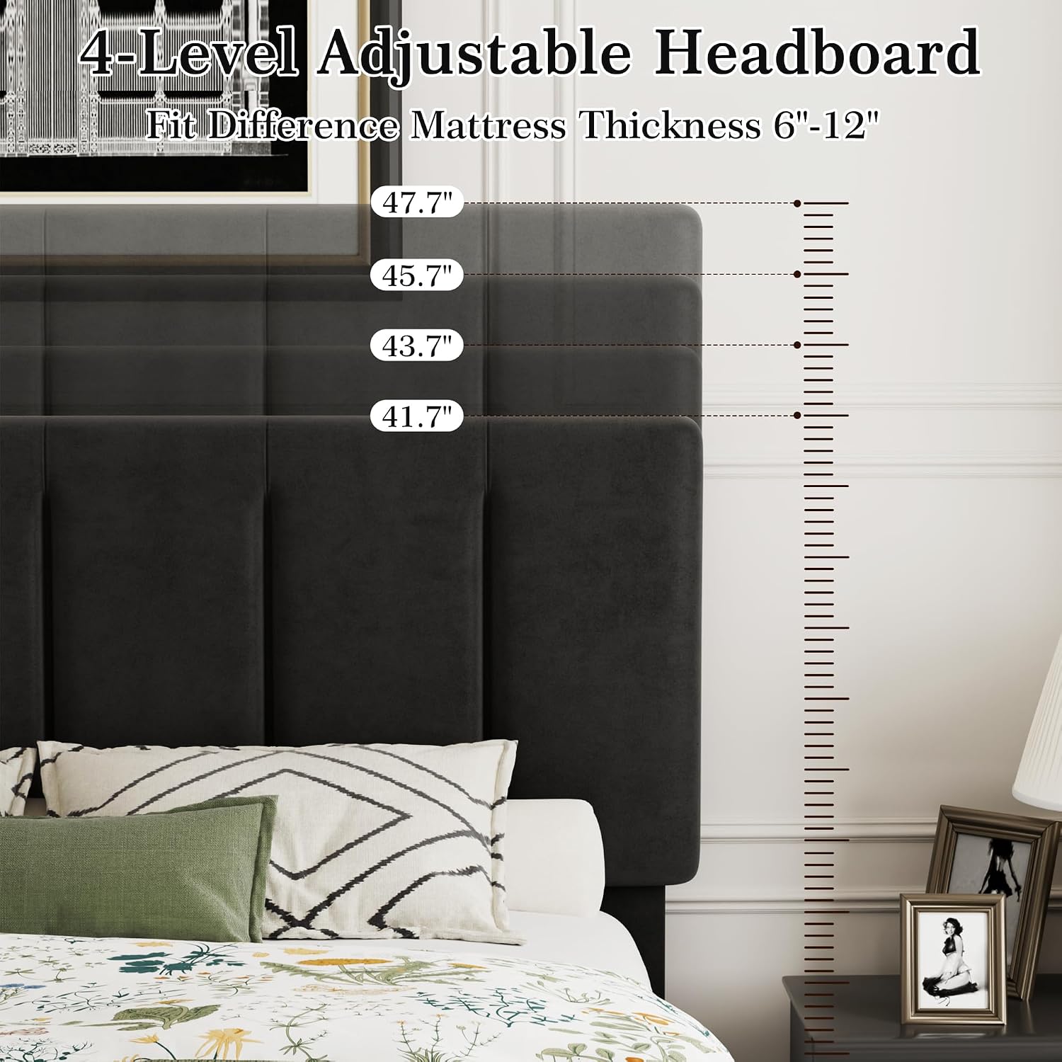 VECELO Full Bed Frame with Upholstered Headboard, Heavy-Duty Platform Bedframe with Strong Wooden Slats Support, No Boxing Spring Needed, Black
