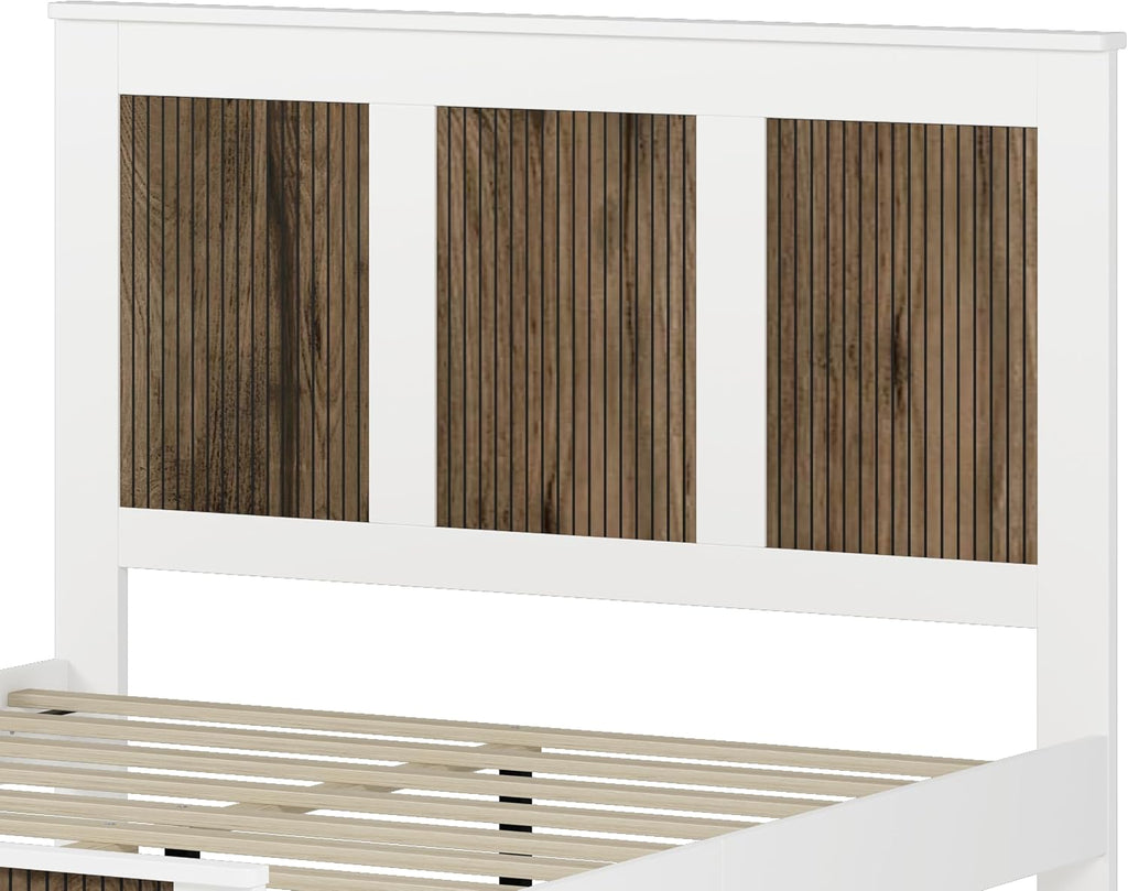 JIVOIT Farmhouse Wooden Platform Bed, Queen Size Platform Bed with Wooden Strip Decoration Headboard and Footboard, Plywood Slats Support, No Box Spring Required (White,Queen,268)
