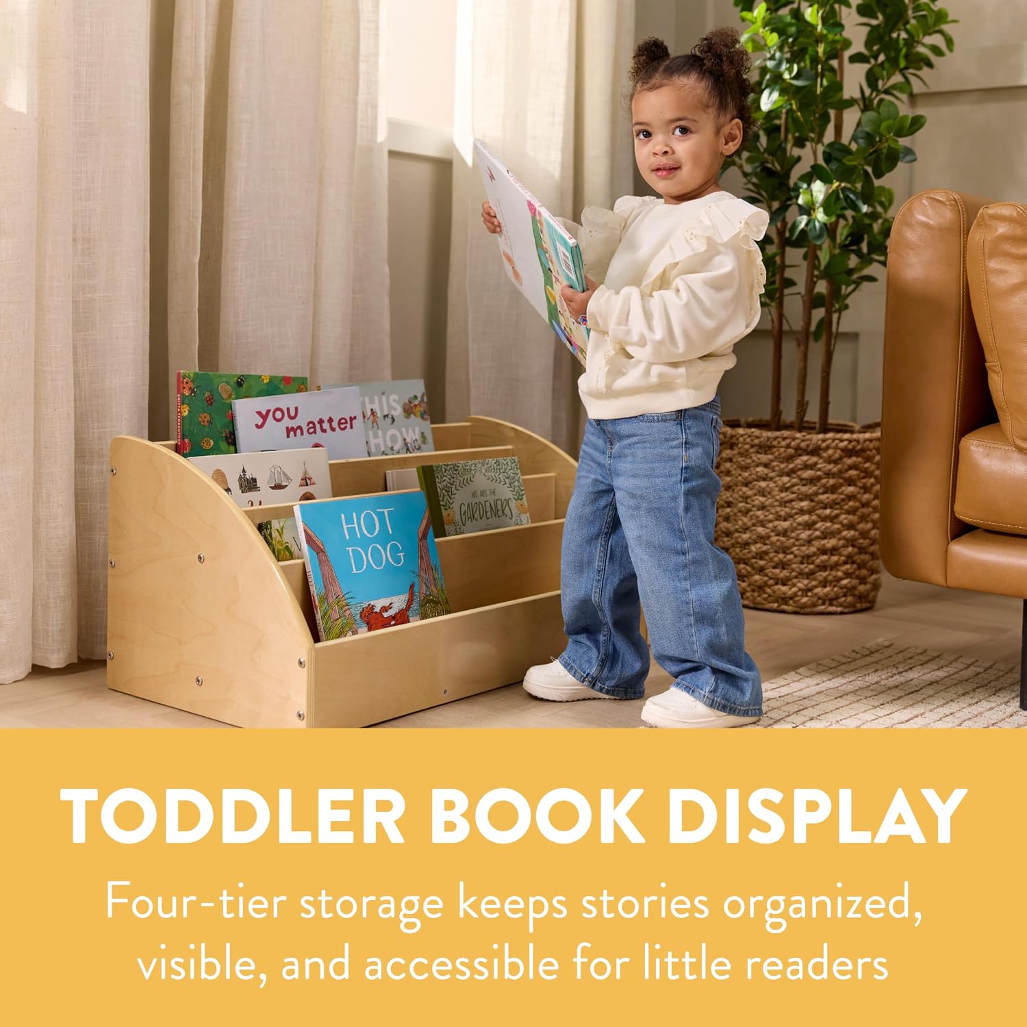 Back2School Express 4-Tier Forward-Facing Toddler Bookshelf, Kids Book Display Rack Storage Organizer for Nursery Playroom, Natural Wood