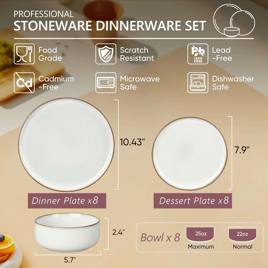 Herogo 24 Pieces Stoneware Dinnerware Dishes Sets for 8, Kitchen Handmade Dining Plates and Bowls Sets, Double Reactive Glaze, Microwave & Dishwasher Safe, Scratch Resistant, Ivory White