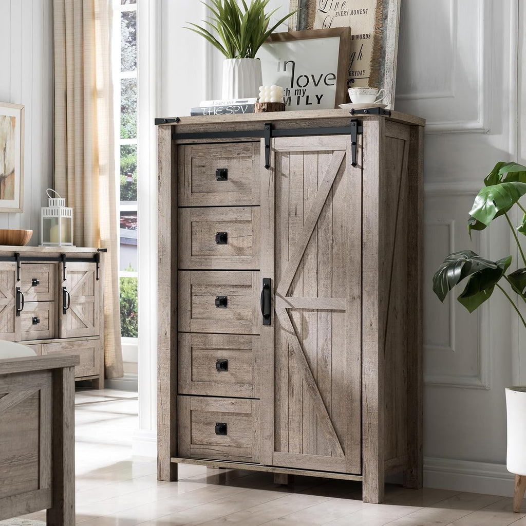 T4TREAM 5 Drawers Dresser for Bedroom w/Sliding Barn Door, Farmhouse Modern Tall Dresser 5 Chest of Drawers, Storage Organizer for Bedroom, Hallway, Living Room, Kids Room, Light Rustic Oak
