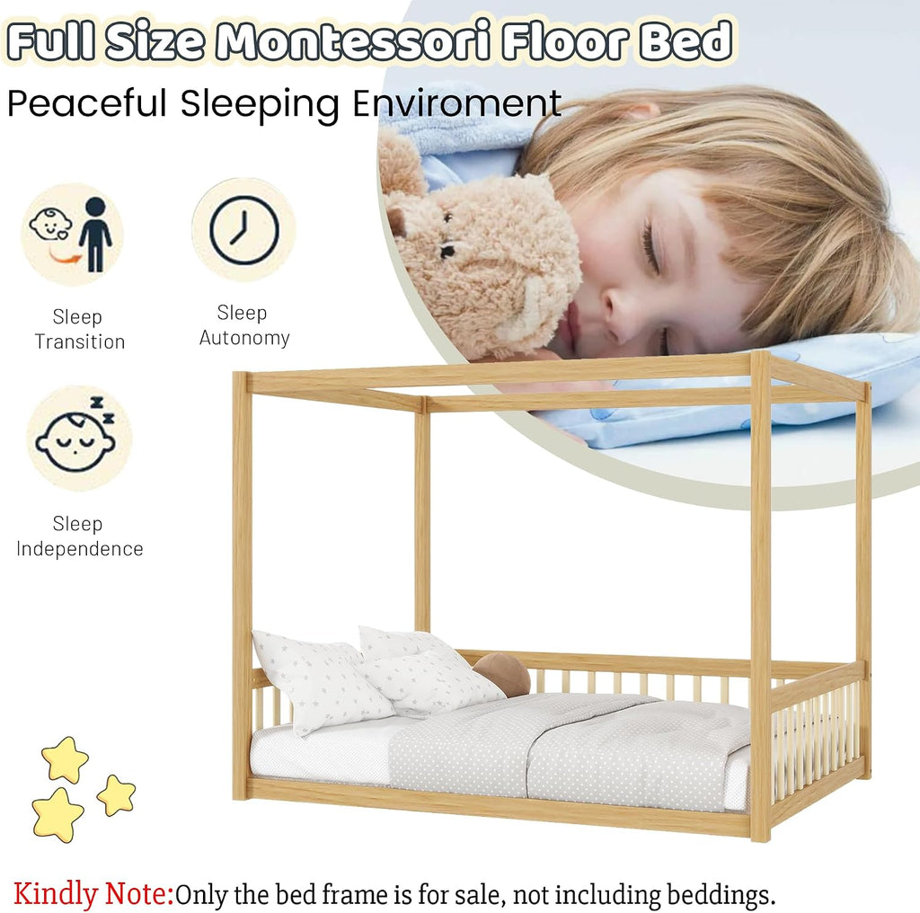 Canopy Bed Frame Full with 4 Posters and Guardrails, Rubber Wood Full Size Montessori Floor Bed with Canopy Frame, Safe and Stylish Canopy Bed Full for Kids Girls Boys,Natural