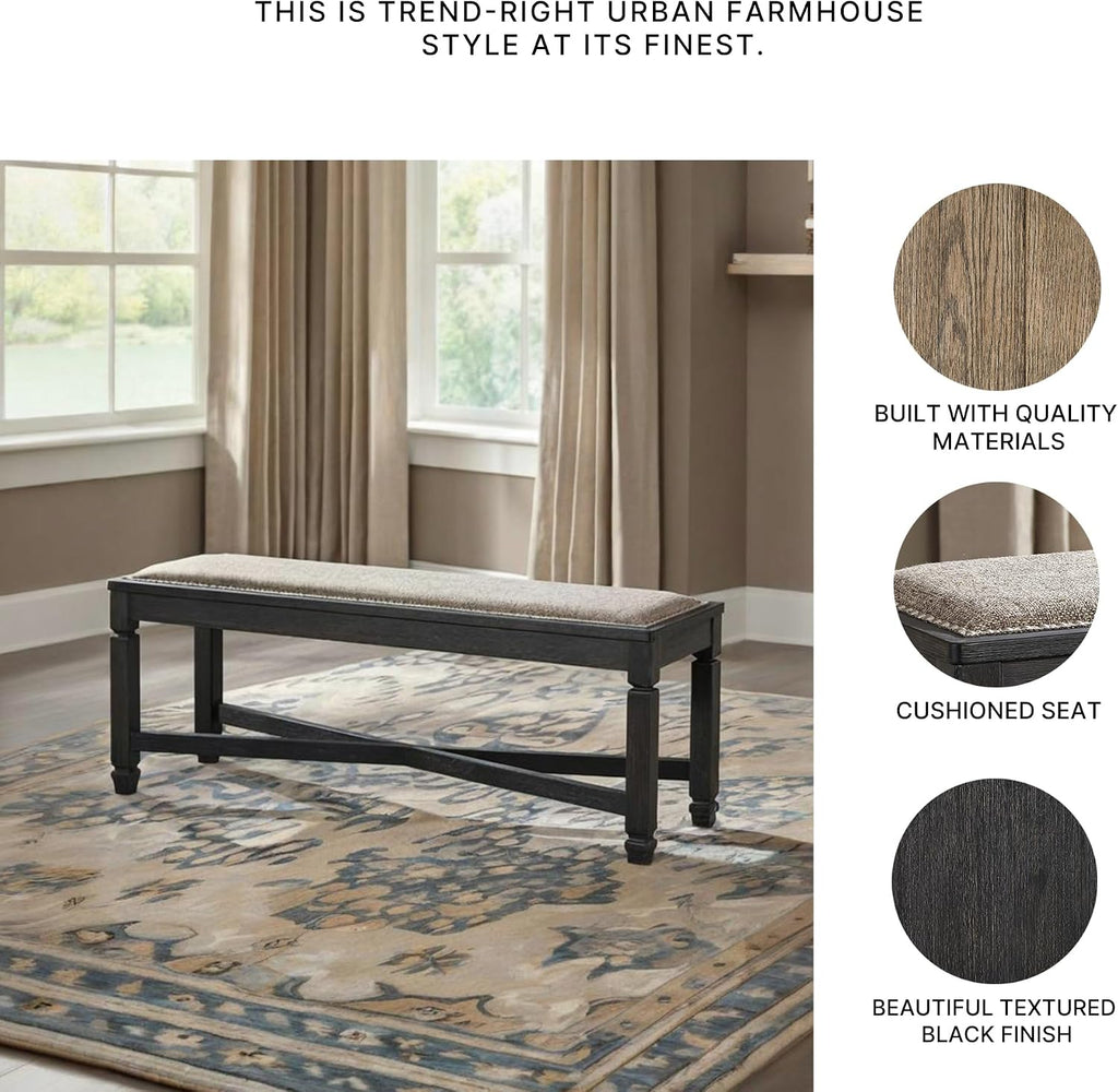 Signature Design by Ashley Tyler Creek Farmhouse Upholstered Dining Room Bench with Tapered Legs, Heavy Woven Fabric, Wood, 19.5' High Seat, Black & Gray
