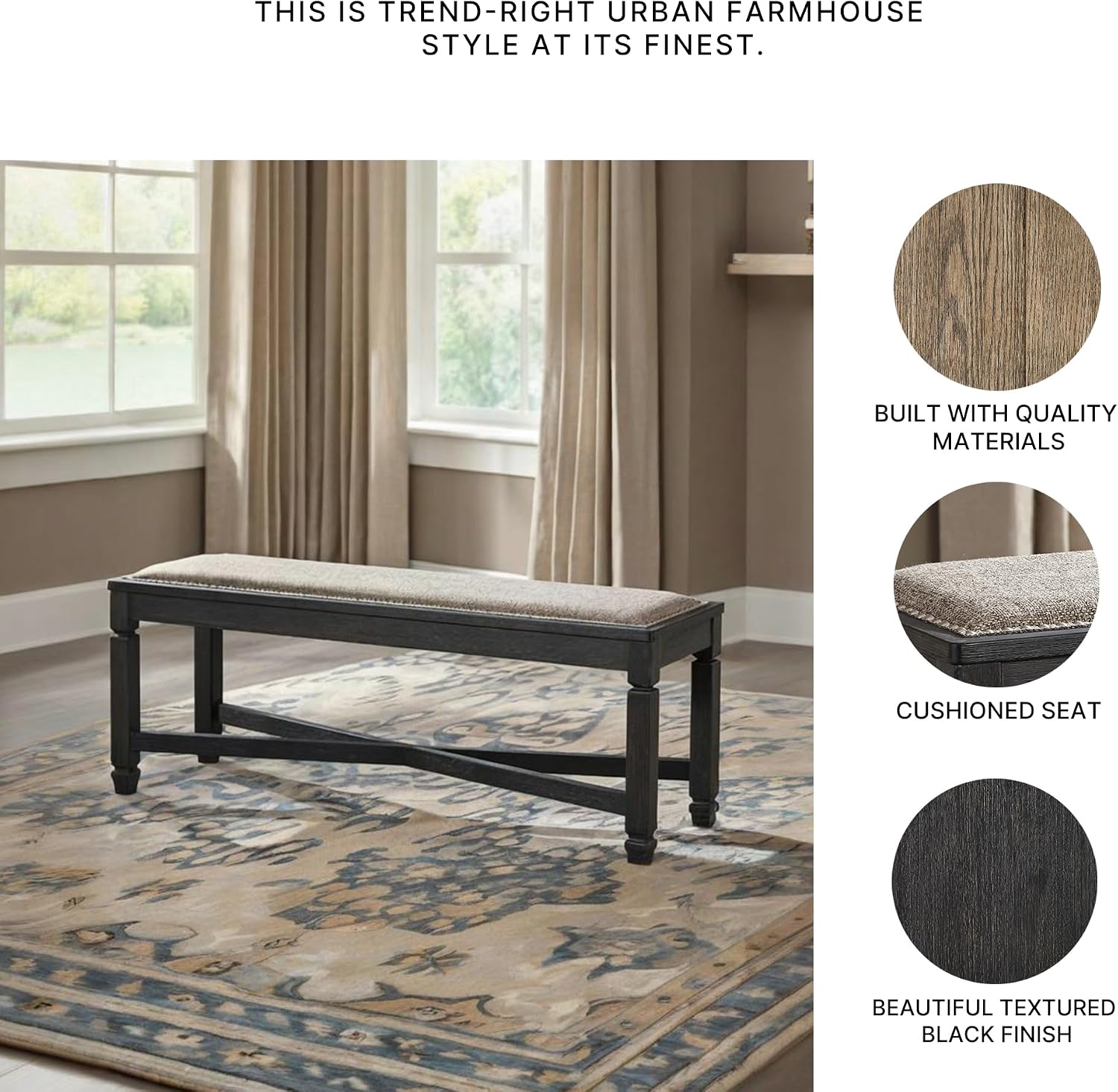 Signature Design by Ashley Tyler Creek Farmhouse Upholstered Dining Room Bench with Tapered Legs, Heavy Woven Fabric, Wood, 19.5' High Seat, Black & Gray
