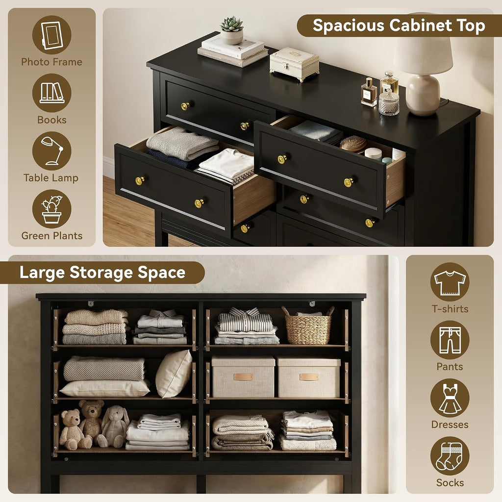 LYNSOM Black Dresser for Bedroom, 6 Drawer Dresser with Wide Drawer and Metal Handles, Wood Dressers & Chests of Drawers for Hallway, Entryway