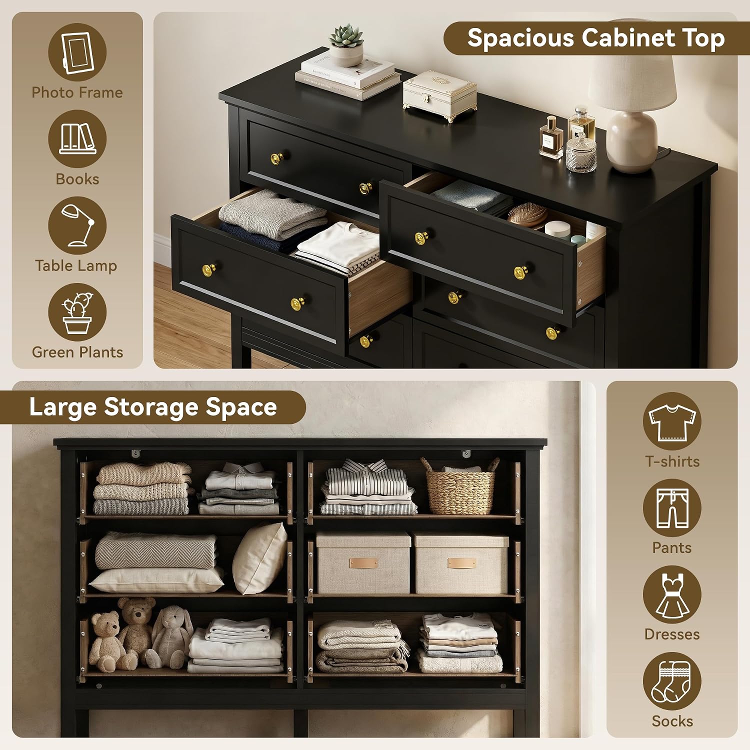 LYNSOM Black Dresser for Bedroom, 6 Drawer Dresser with Wide Drawer and Metal Handles, Wood Dressers & Chests of Drawers for Hallway, Entryway