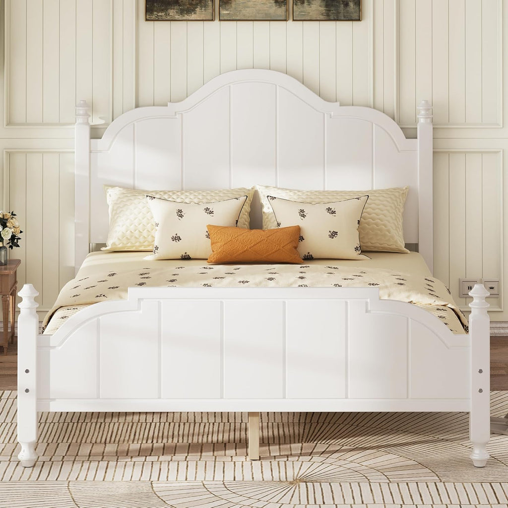 JIVOIT Vintage Wooden Bed Frame, Queen Size Platform Bed with Wide Headboard, Wood Slats Support, No Spring Box Needed, Easy Assembly (White-Queen,2)