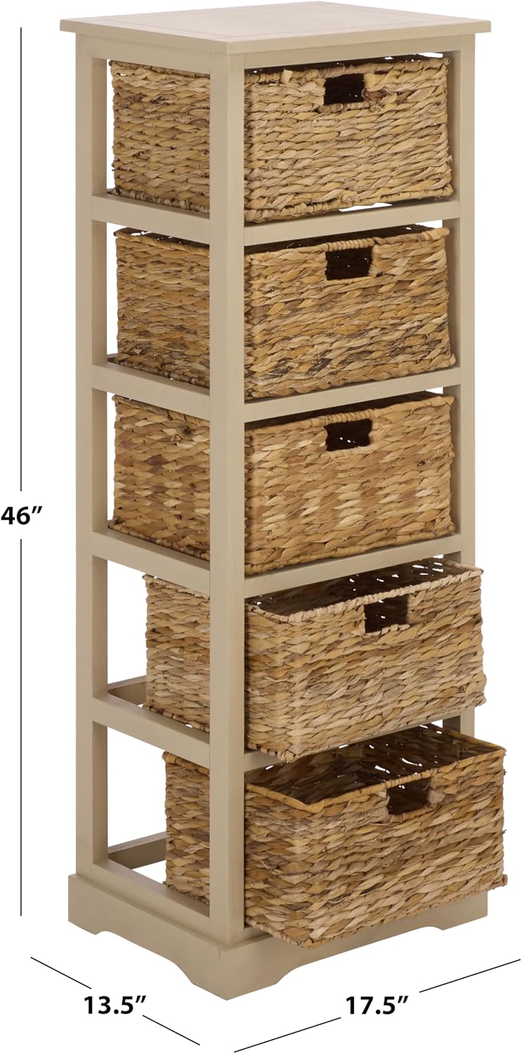 SAFAVIEH Furniture - Vedette 5-Basket Storage Tower - Sand - Solid Wood - Coastal Basket Tower Design - Ideal for Entryway, Living Room, 17.5' W x 13.5' D x 46' H - Fully Assembled (AMH5739G)