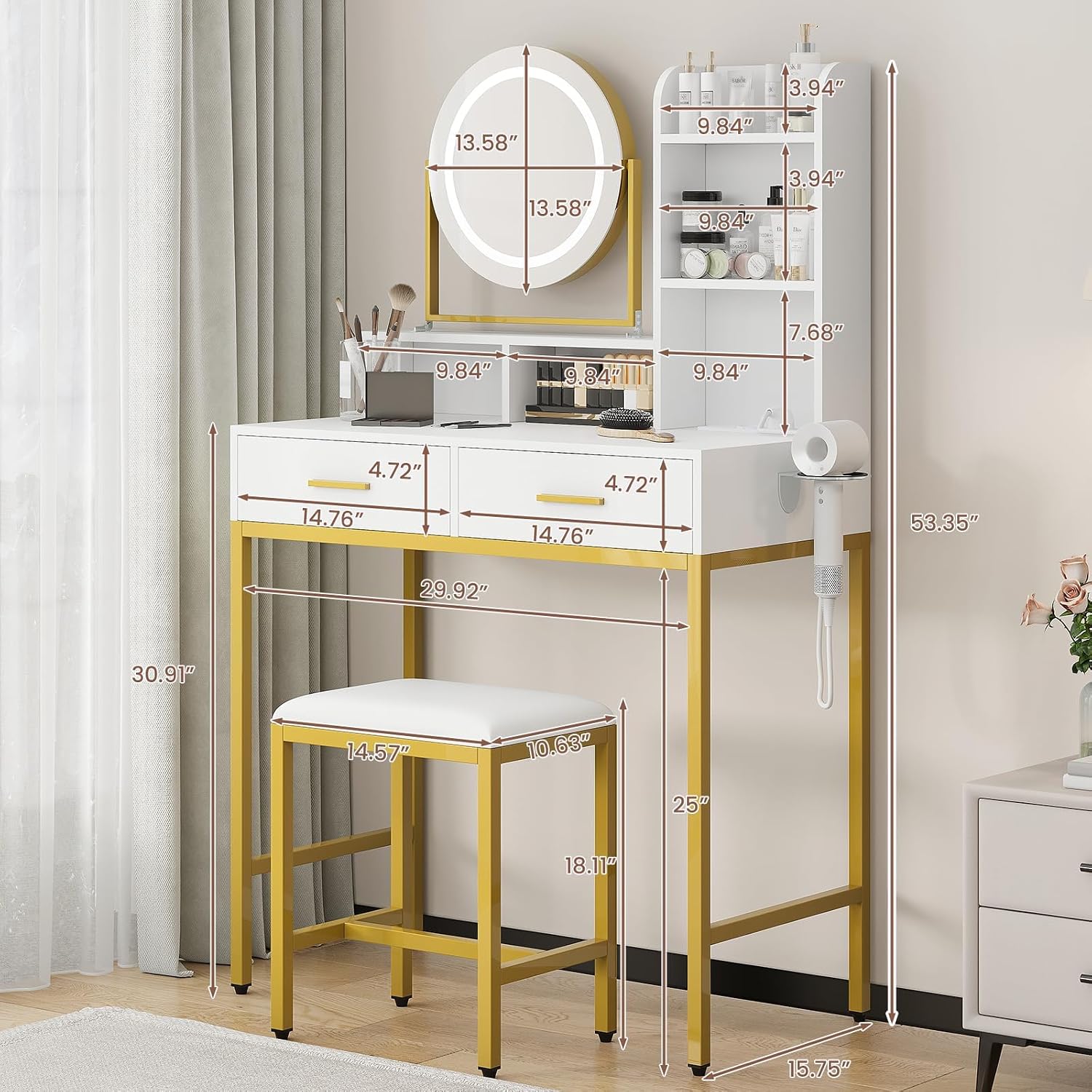 Vanity Desk with Mirror and Light, Makeup Vanity Desk with Rotating Mirror, 3 Colors Adjustable Light, Wood Vanity with 2 Drawers, Stool, Power Outlet, Vanity Set for Bedroom/Dressing Room, Gold