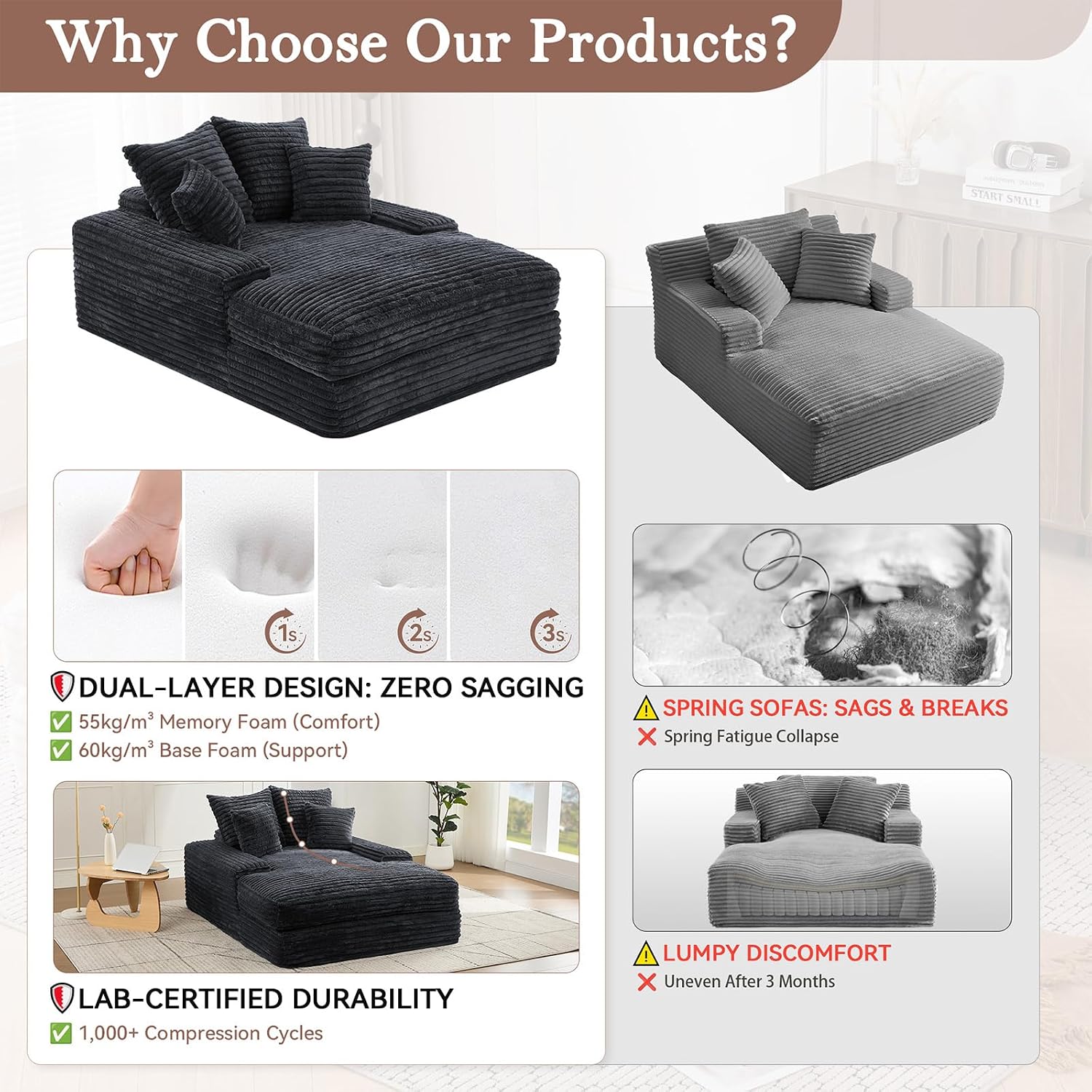 Oversized Chaise Lounge Chair Indoor, 62.6' Cloud Boneless Sleeper Couch Corduroy Upholstered Sofa Bed Deep Seat Comfy Reading Chair with 3 Pillows for Living Room Bedroom, Crey