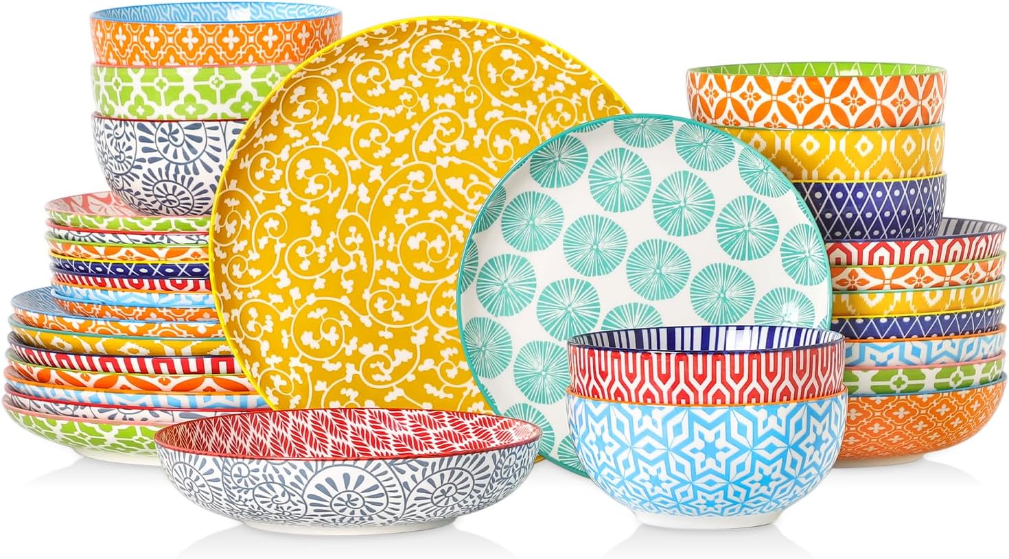 Selamica Ceramic Plates and Bowls Sets,32 Pieces Dinnerware Sets for 8,Scratch Resistant Dish Set for family gathering,Dishwasher & Microwave Safe, Assorted Colors