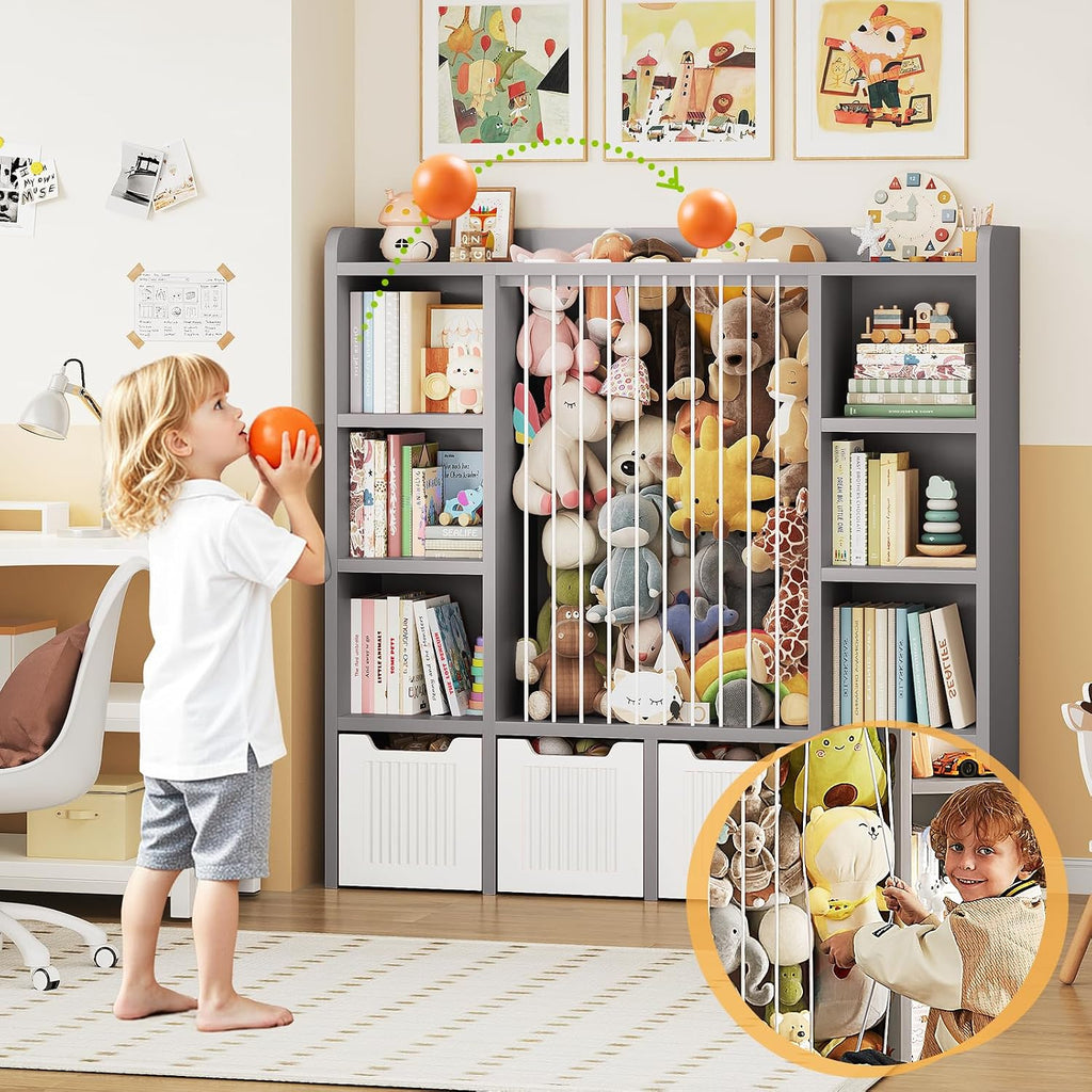 ONBRILL Toy Storage Organizer, Toddler Stuffed Animal Storage, Kids Toy Shelf with 6 Open Cubbies & 4 Movable Toy Chest, Bookshelf for Kids Room Playroom Bedroom Nursery (Grey)