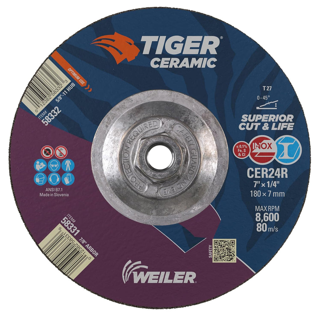 Weiler 58332 7 x 1/4 Tiger Ceramic Type 27 Grinding Wheel CER24R 5/8-11 Nut (Pack of 10)