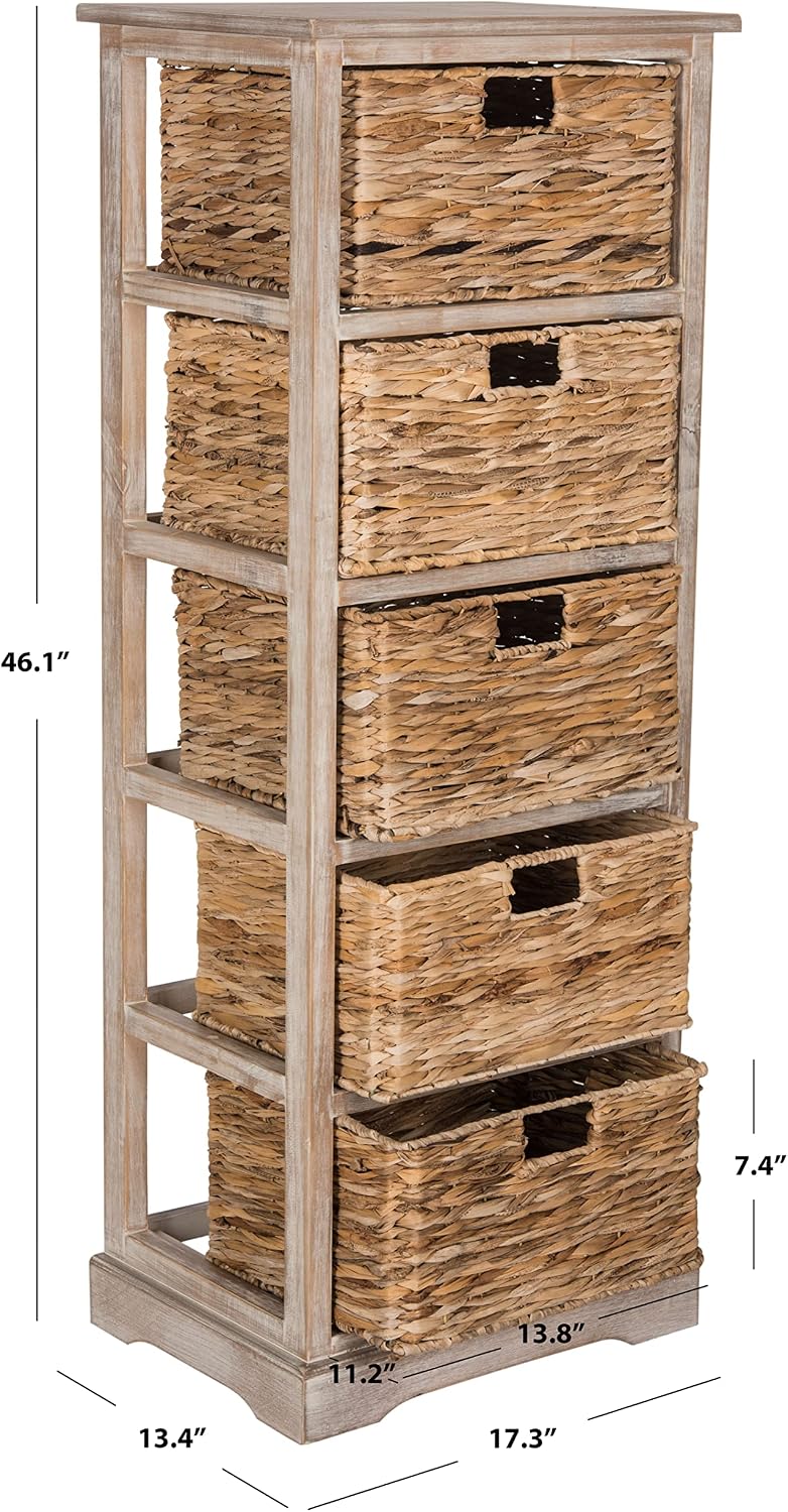 SAFAVIEH Furniture - Vedette 5-Basket Storage Tower - White Washed - Solid Wood - Coastal Basket Tower Design - Ideal for Entryway, Living Room, 17.5'W x 13.5'D x 46'H - Fully Assembled (AMH5739E)