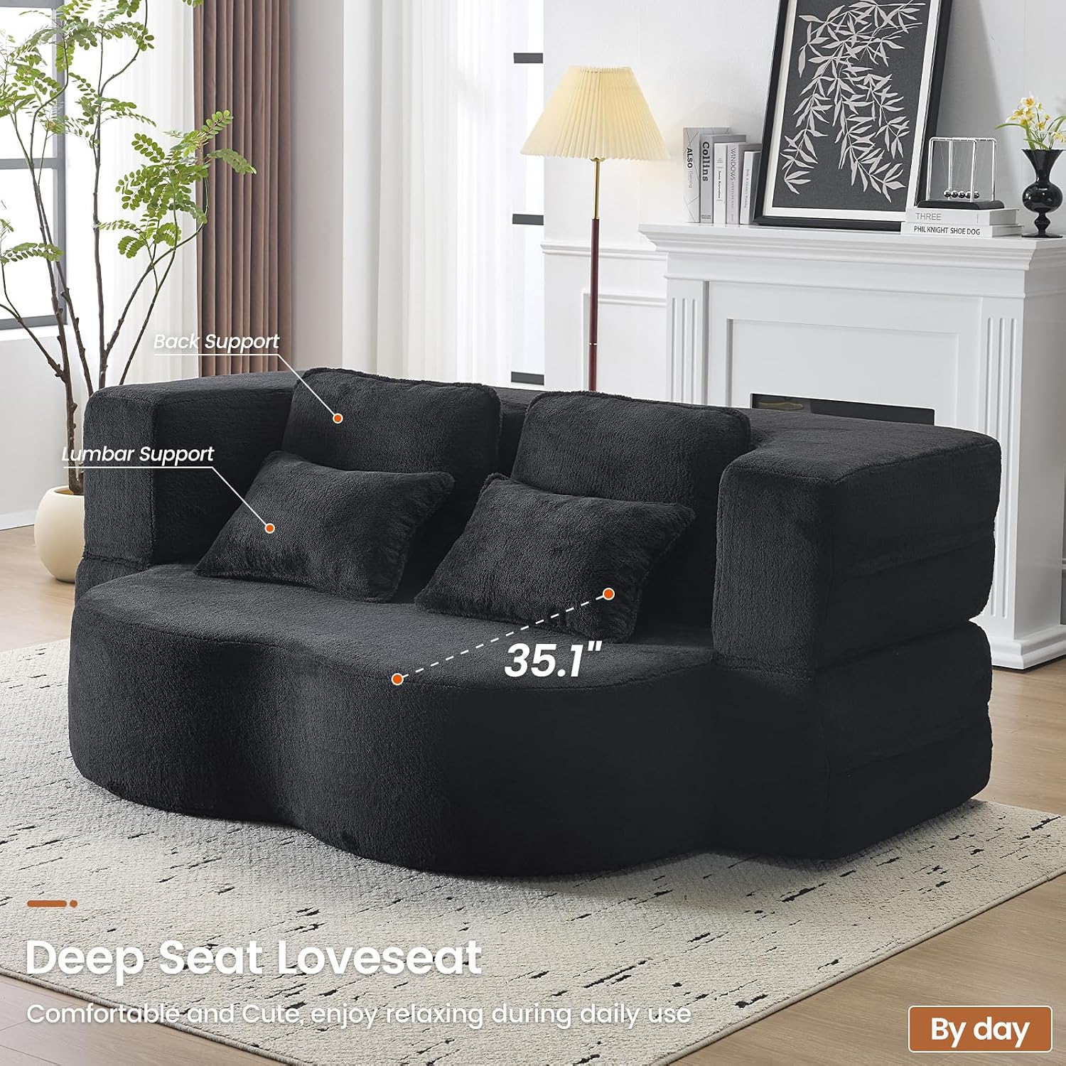 Convertible Folding Sofa Bed, 78' Full Size Loveseat Sleeper Sofa, Chenille Foldable Boneless Floor Couch with 4 Pillows for Guest Living Room Bedroom, No Assembly Required (Black)