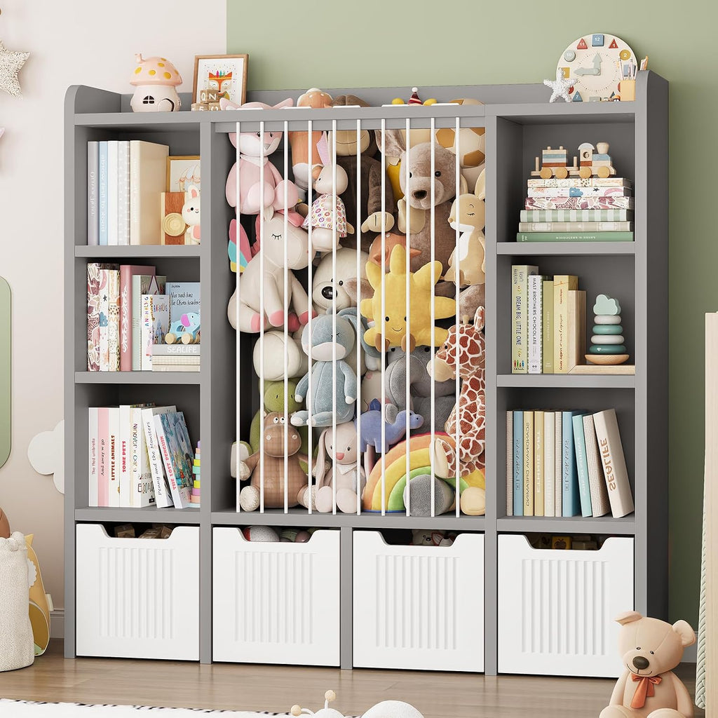 ONBRILL Toy Storage Organizer, Toddler Stuffed Animal Storage, Kids Toy Shelf with 6 Open Cubbies & 4 Movable Toy Chest, Bookshelf for Kids Room Playroom Bedroom Nursery (Grey)