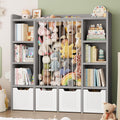 ONBRILL Toy Storage Organizer, Toddler Stuffed Animal Storage, Kids Toy Shelf with 6 Open Cubbies & 4 Movable Toy Chest, Bookshelf for Kids Room Playroom Bedroom Nursery (Grey)