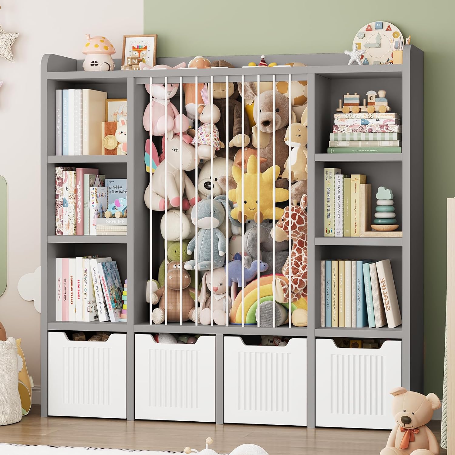 ONBRILL Toy Storage Organizer, Toddler Stuffed Animal Storage, Kids Toy Shelf with 6 Open Cubbies & 4 Movable Toy Chest, Bookshelf for Kids Room Playroom Bedroom Nursery (Grey)