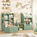 FINETONES 75' W Kids Bookshelf with Reading Nook, Large Toy Storage Toy Organizer with Seat Cushion and 2 Movable Drawers, Kids Reading Nook Kid Bench for Playroom Living Room, Green