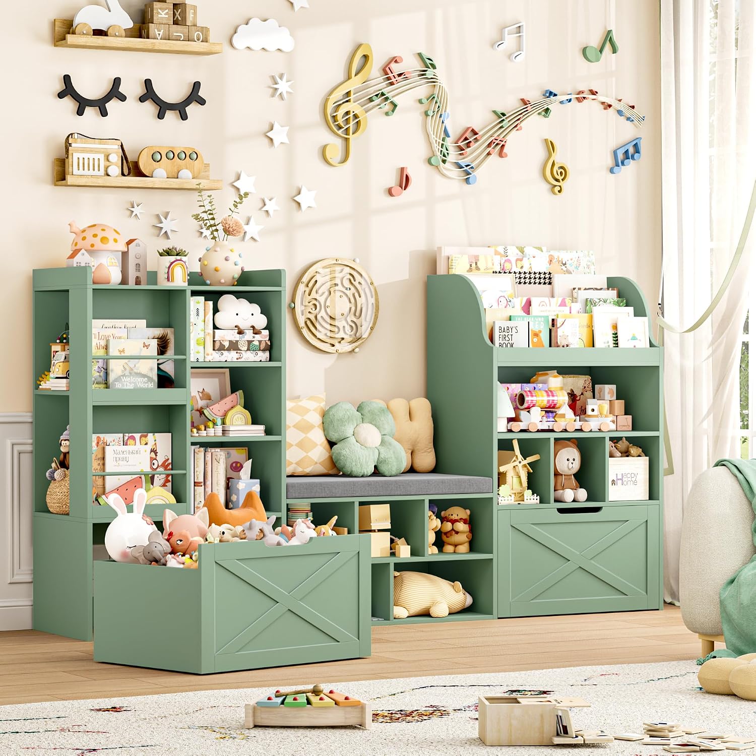 FINETONES 75' W Kids Bookshelf with Reading Nook, Large Toy Storage Toy Organizer with Seat Cushion and 2 Movable Drawers, Kids Reading Nook Kid Bench for Playroom Living Room, Green