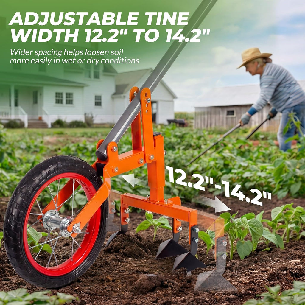 Walensee 2-in-1 Manual Wheel Hoe Garden Cultivator, Push Plow with Adjustable Long Handle 51.9–64.9 in, Dual Tools for Soil Loosening & Weeding, Heavy Duty Steel Frame, Lawn & Garden Tiller