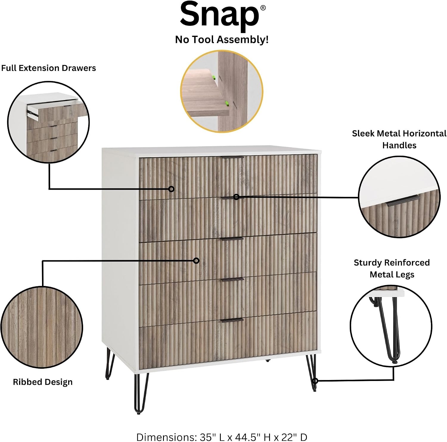 Manhattan Comfort Dumbo 3-Piece Modern Dresser Drawer and Nightstand Set, Tall and Double - Vertical Ribbed Design - No Tool Assembly Storage for Bedroom & Living Room, White/Grey