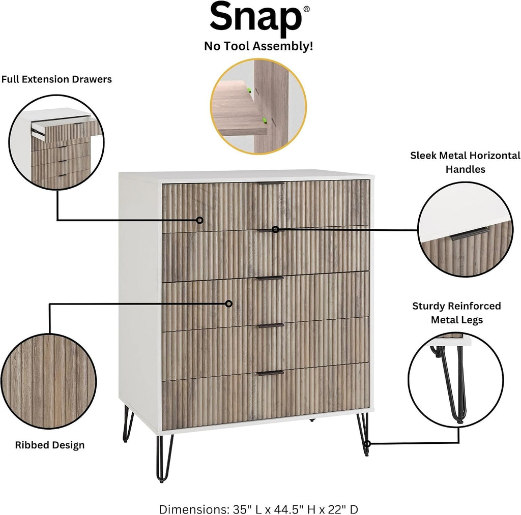 Manhattan Comfort Dumbo 3-Piece Modern Dresser Drawer and Nightstand Set, Tall and Standard - Vertical Ribbed Design - No Tool Assembly Storage for Bedroom & Living Room, White/Grey