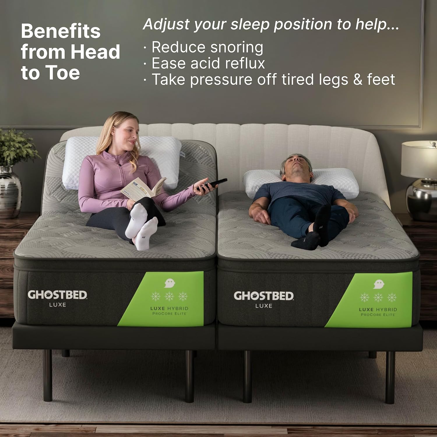 GhostBed Adjustable Bed Frame & Power Base with Wireless Remote - Zero Gravity & Massage Settings, USB Ports, Split King